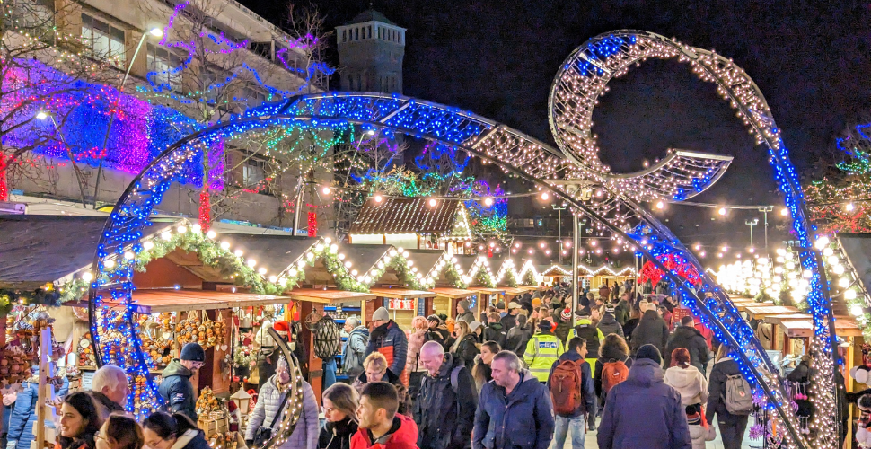 Christmas themed cabins and lights at Plymouth Christmas Market